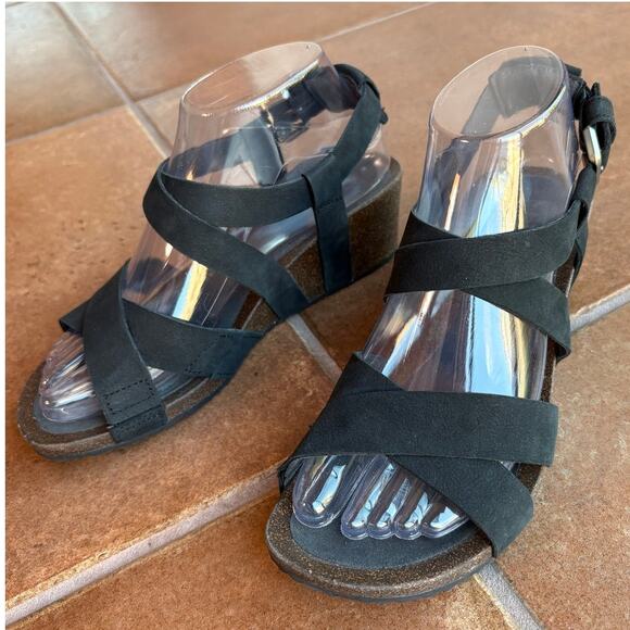 Teva Matte Black Mahonia Cork Sole Wedge Cross Strap Sandals w Buckles size 7 - Picture 3 of 16